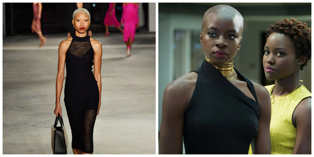 Cushnie et Ochs Fall/Winter 2018; Danai Gurira as Okoye (foreground) in Black Panther with Lupita Nyong’o’s Nakia